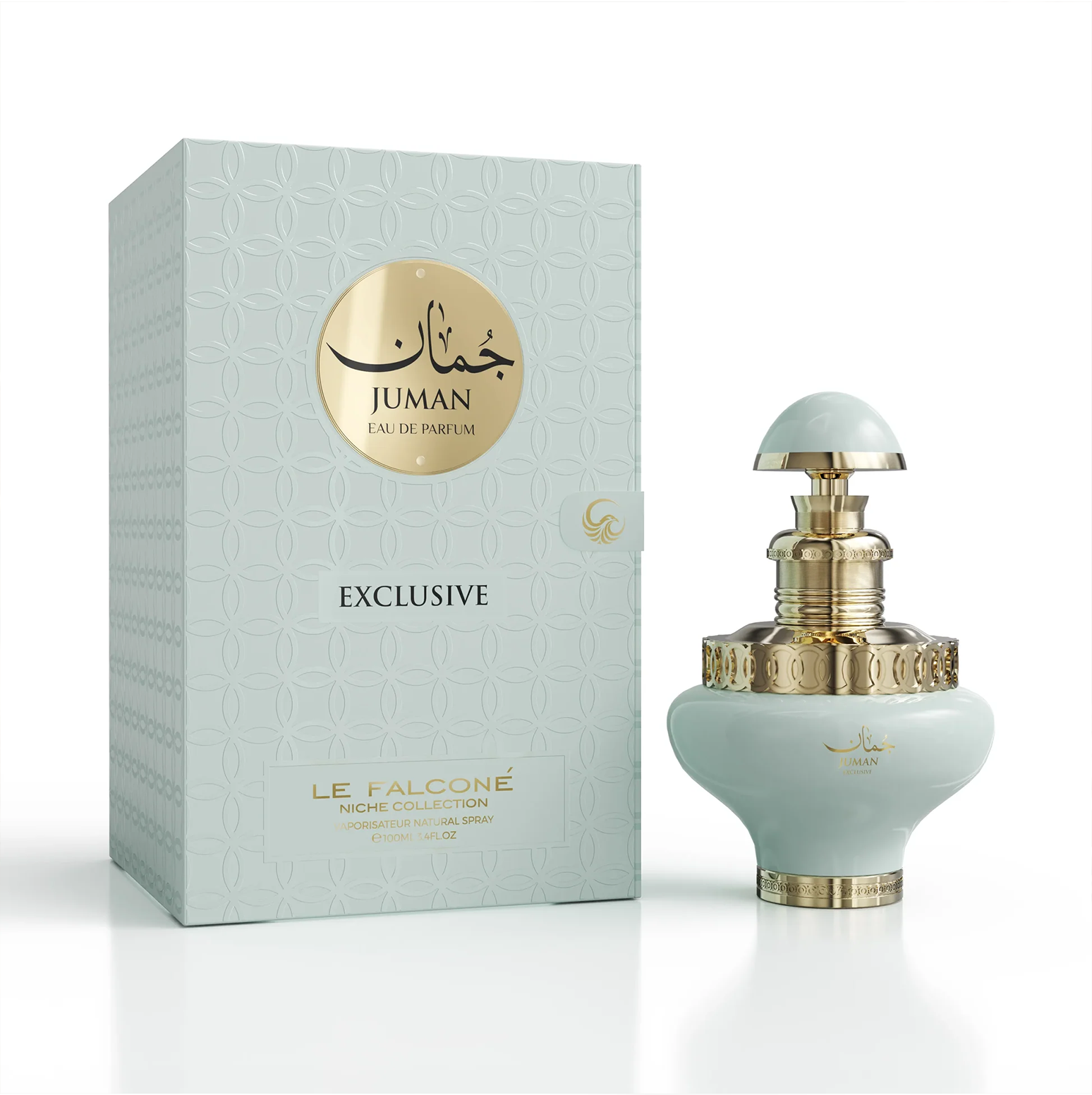 Uno scatto del prodotto in studio del flacone Juman Exclusive da 100 ml di colore verde chiaro con accenti dorati, esposto accanto alla sua confezione regalo con motivi coordinati.