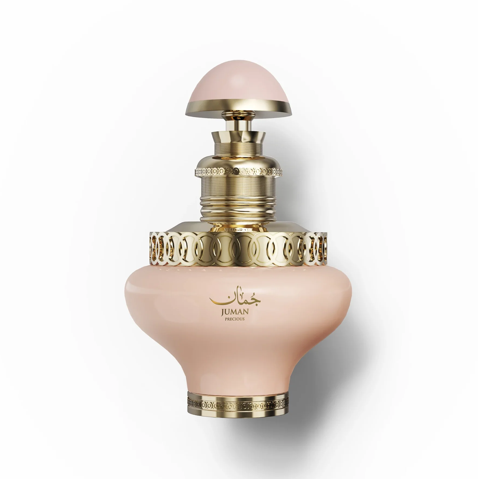 Primo piano del flacone di profumo da donna Juman Precious 100ml con dettagli in oro. Uno scatto pulito in studio del flacone di vetro Juman Precious da 100 ml, che mette in evidenza il suo corpo delicato e dai toni morbidi e gli intricati accenti metallici dorati intorno al collo e alla base.