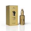 Una presentazione del prodotto Le Falconé Muharib Alpha Extrait de Parfum, con il flacone da 85 ml esposto accanto all'elegante scatola dorata, con l'iconico disegno dell'elmo spartano.