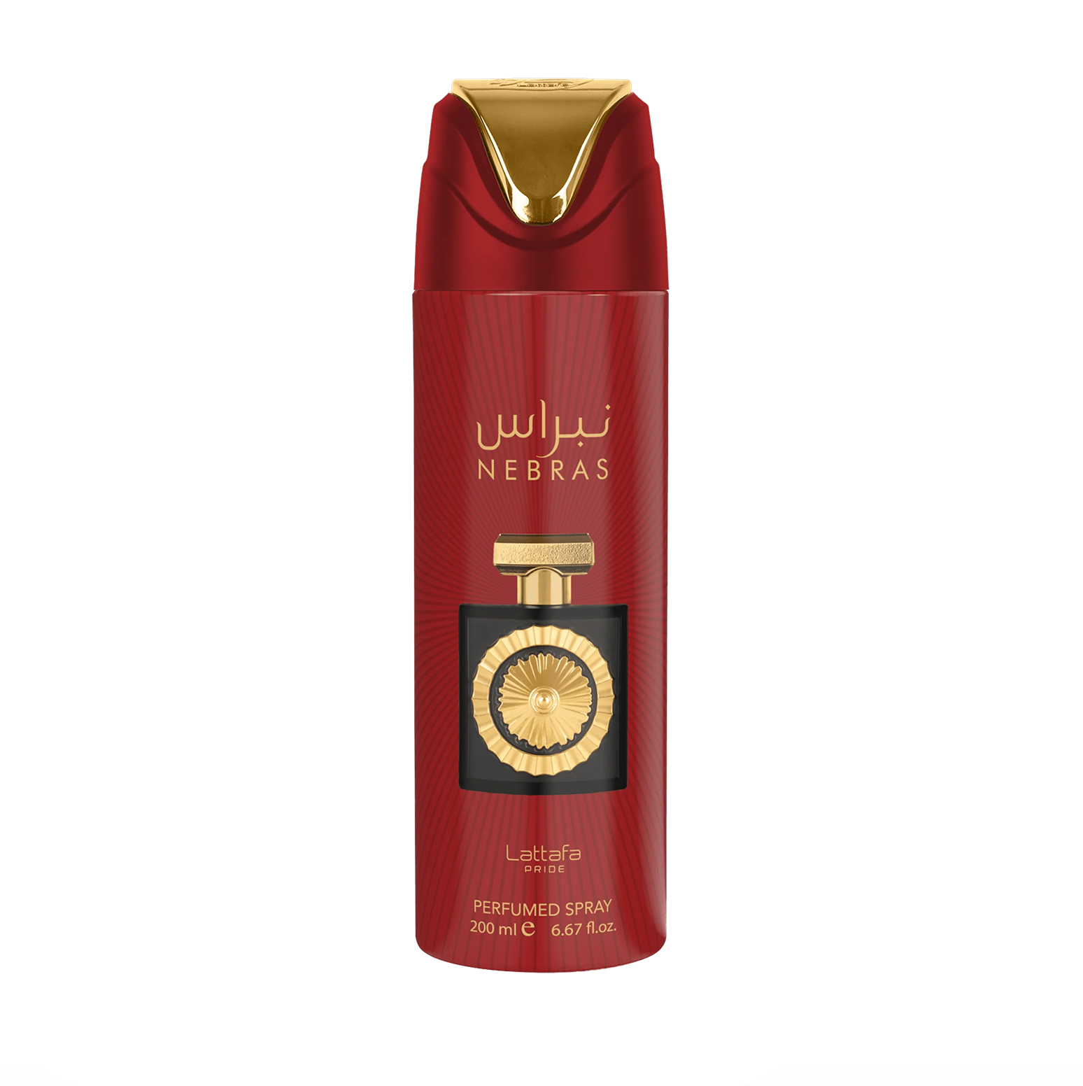 Fotografia professionale del flacone spray per il corpo Lattafa Pride Nebras (200 ml), che mette in evidenza il suo design elegante e l'estetica premium della collezione Lattafa Pride su uno sfondo pulito e moderno.