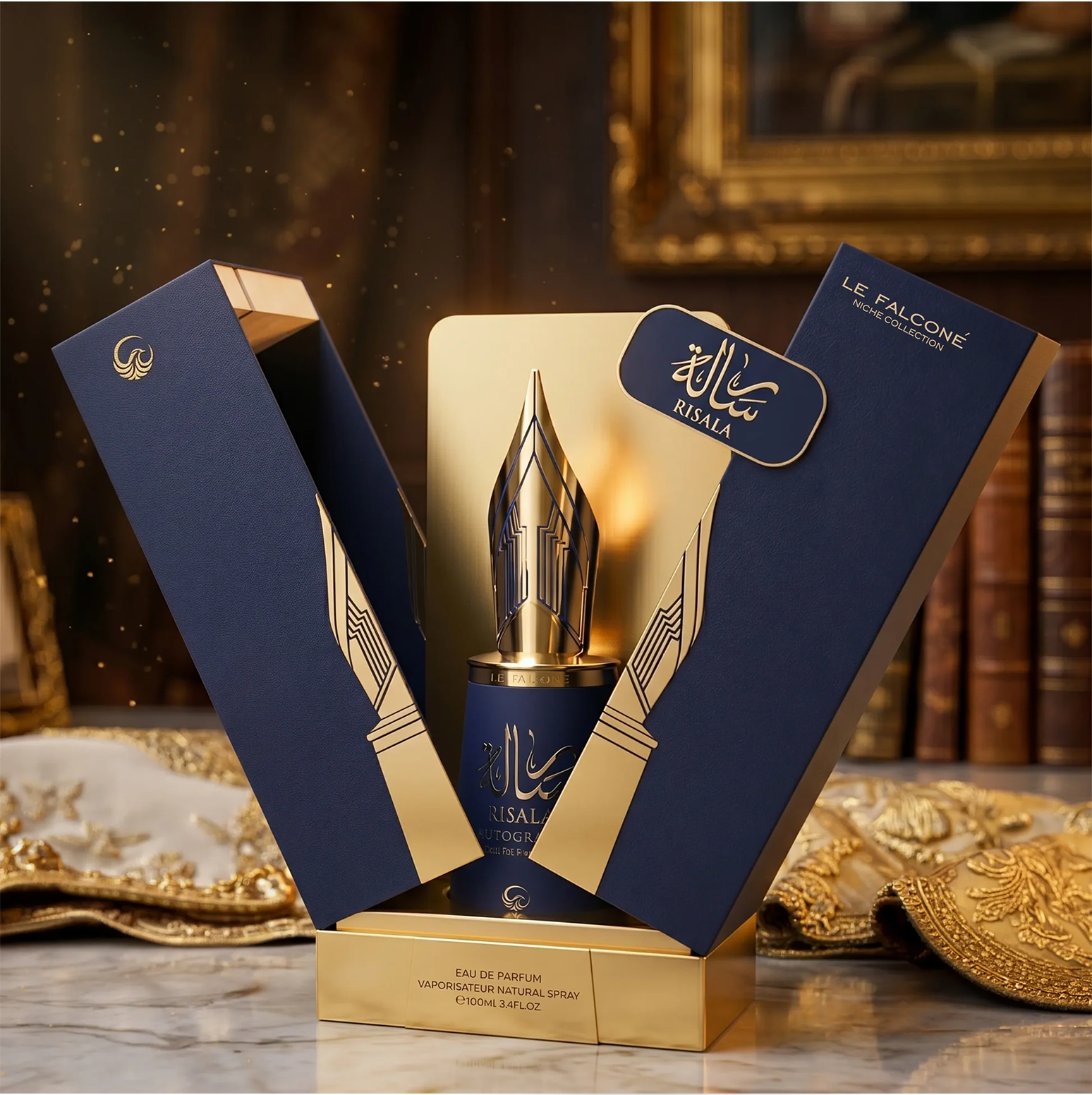 Un'esposizione di prodotti premium che mostra il flacone Risala Autograph da 100 ml all'interno della sua caratteristica confezione regalo blu e oro ispirata a una penna stilografica su una superficie di marmo.