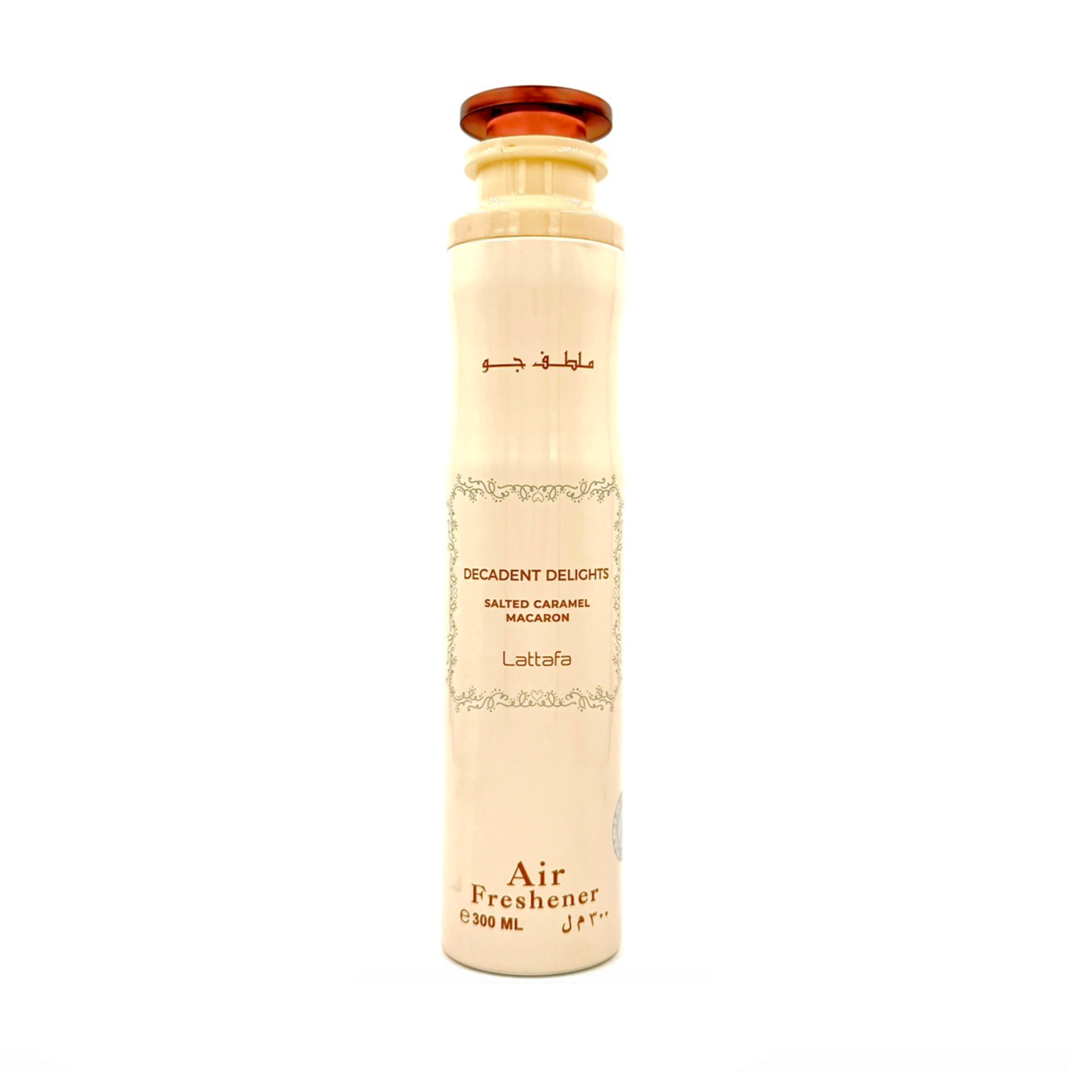Uno scatto professionale in studio del flacone di deodorante per ambienti Lattafa Decadent Delights Salted Caramel Macaron (300 ml), che mostra il suo design elegante e il marchio della fragranza gourmet su uno sfondo pulito.